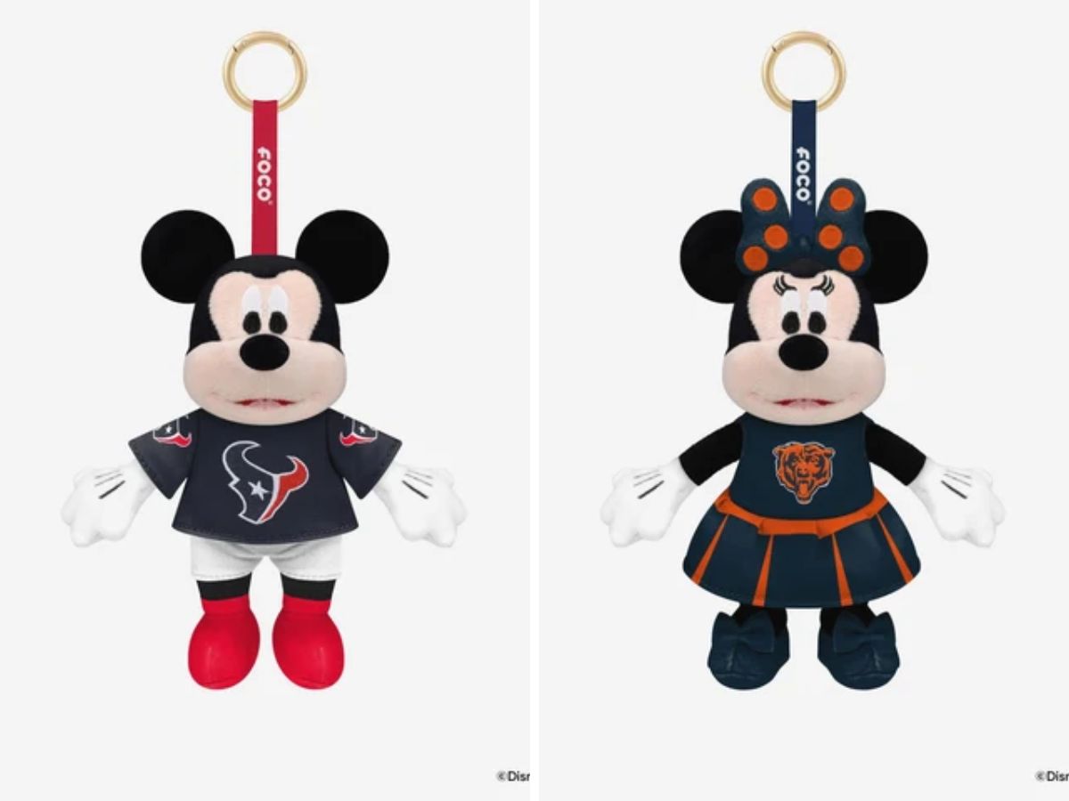 Small Mickey Mouse and Minnie Mouse plush dolls with plastic bag clips attached to their heads