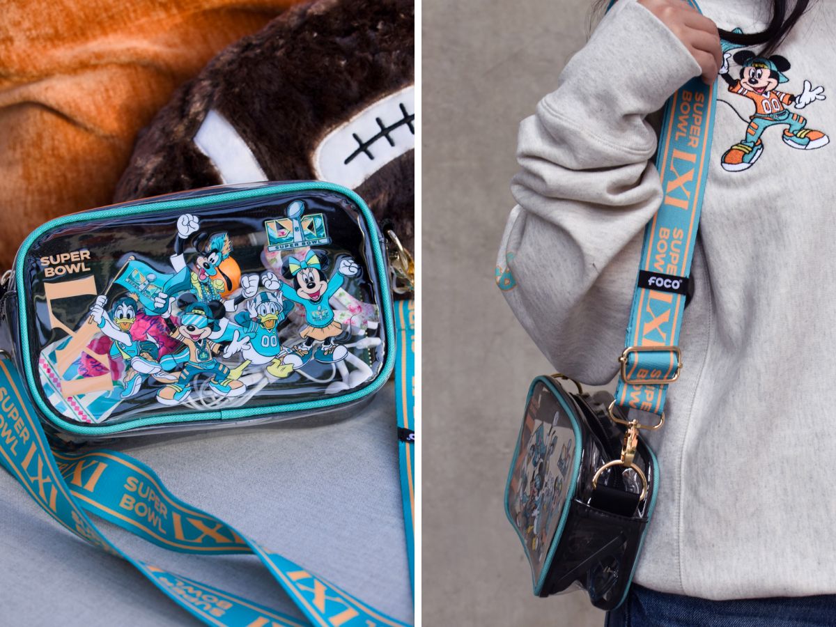A clear stadium bag by FOCO with a teal strap and Mickey Mouse graphics