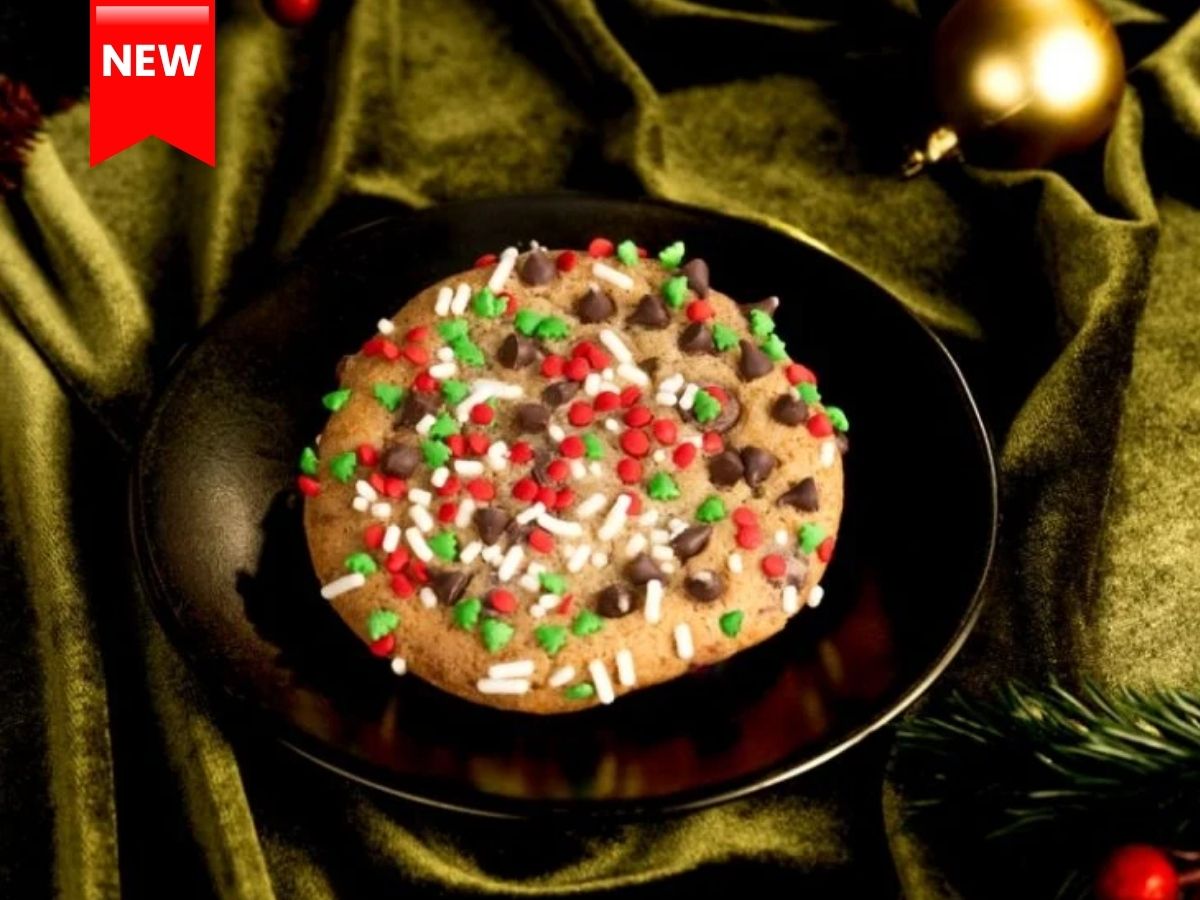 Festive Chocolate Chip Cookie baked with red and green chocolate candies