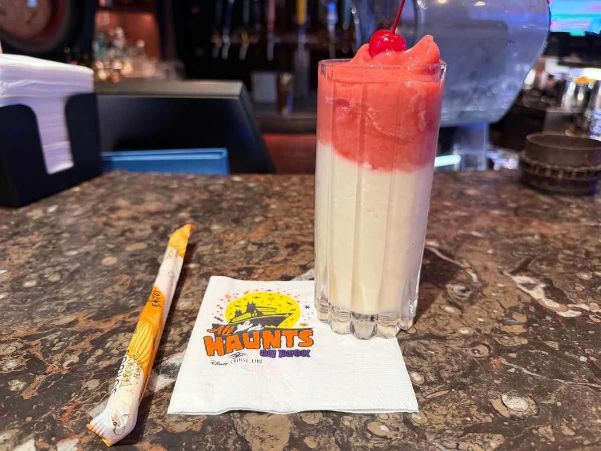 Over the top dessert shake served on a Disney Cruise Line pool deck