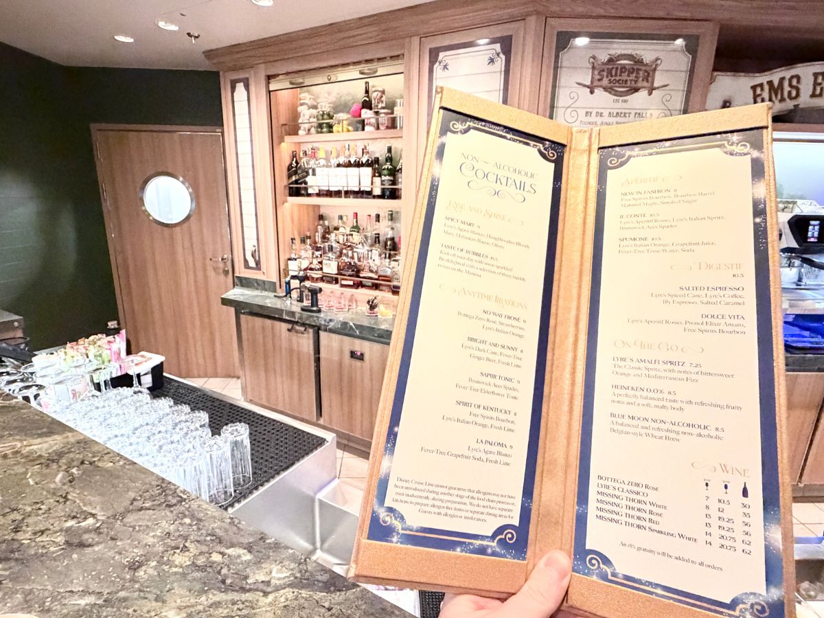 Selection of non-alcoholic spirits and craft mocktails on Disney Cruise Line