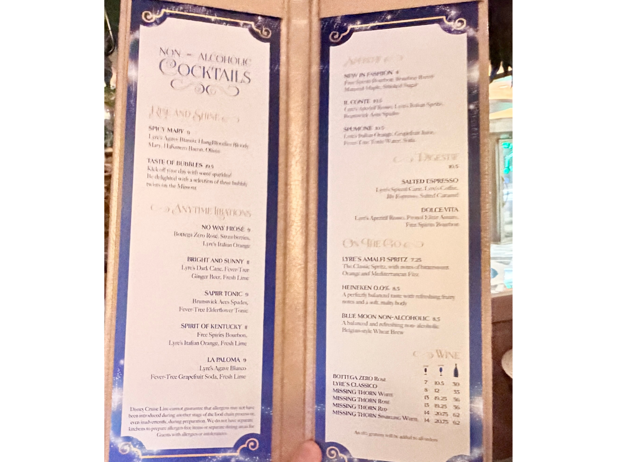 Overview of the Disney Cruise Line zero-proof beverage menu card