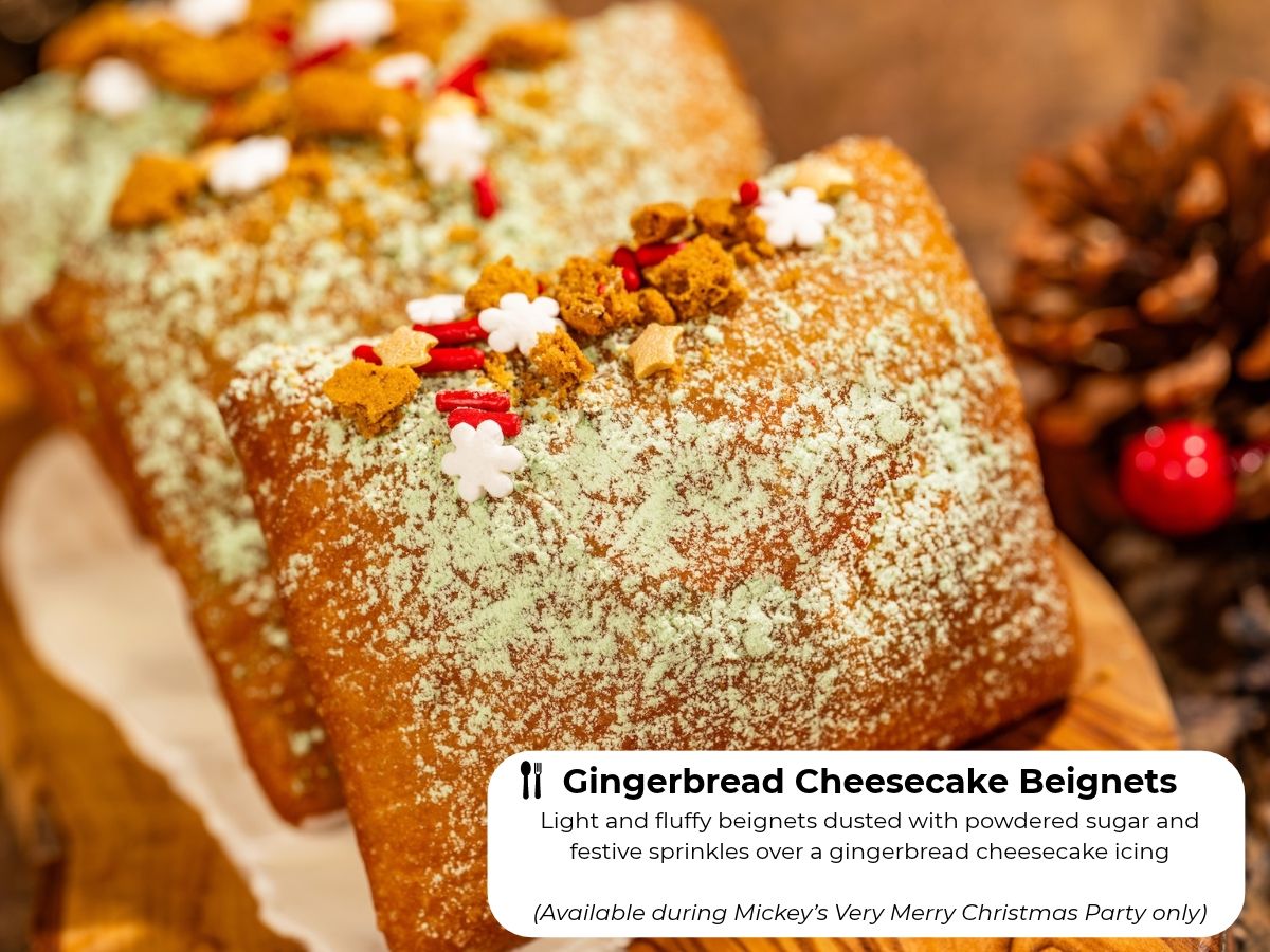 Gingerbread Cheesecake Beignets dusted in powdered sugar