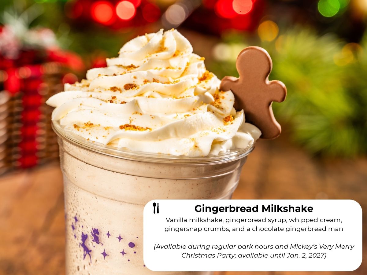 Gingerbread Milkshake topped with whipped cream and a chocolate gingerbread man