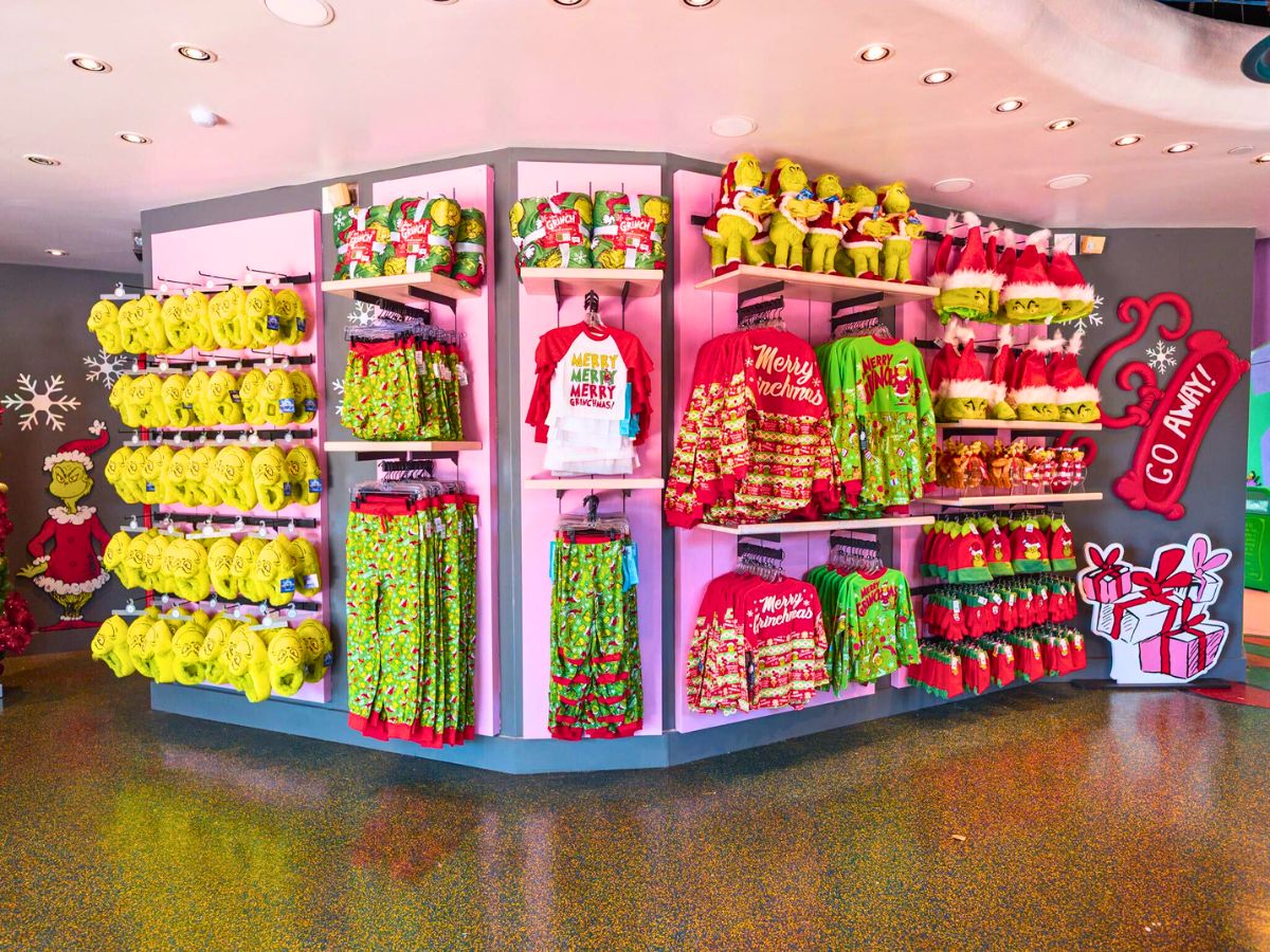 Interior of the Grinchmas merchandise store at Universal Orlando Resort