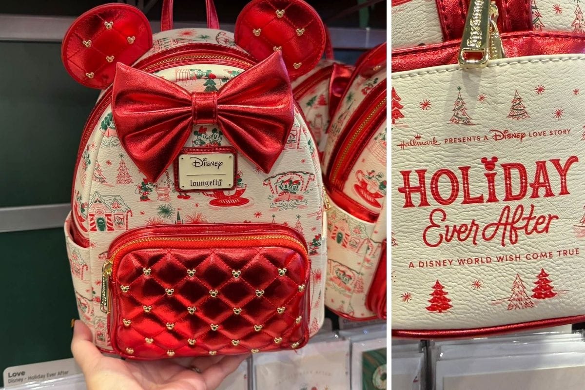 Hallmark and Disney Holiday Ever After Loungefly mini backpack featuring toile print and red quilted ears