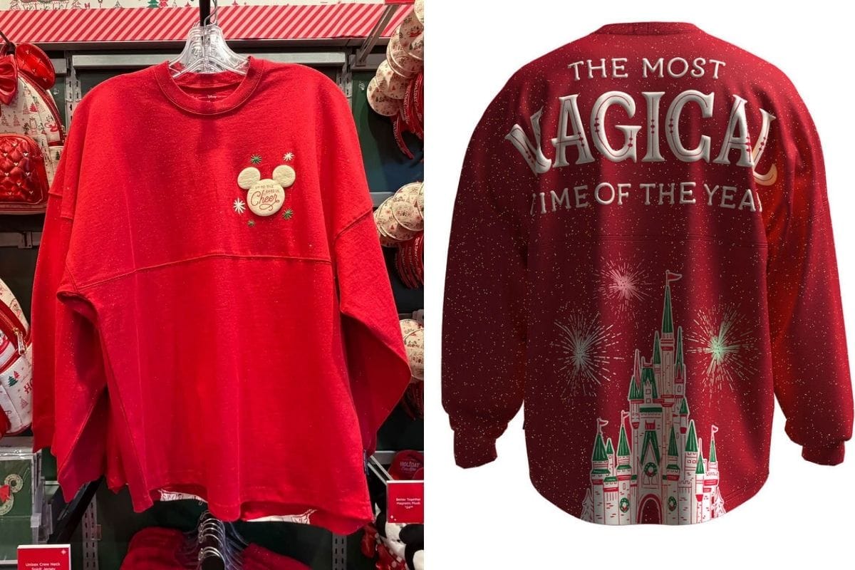 Sparkle Red Spirit Jersey featuring Cinderella Castle holiday art hanging on display at Disney Springs