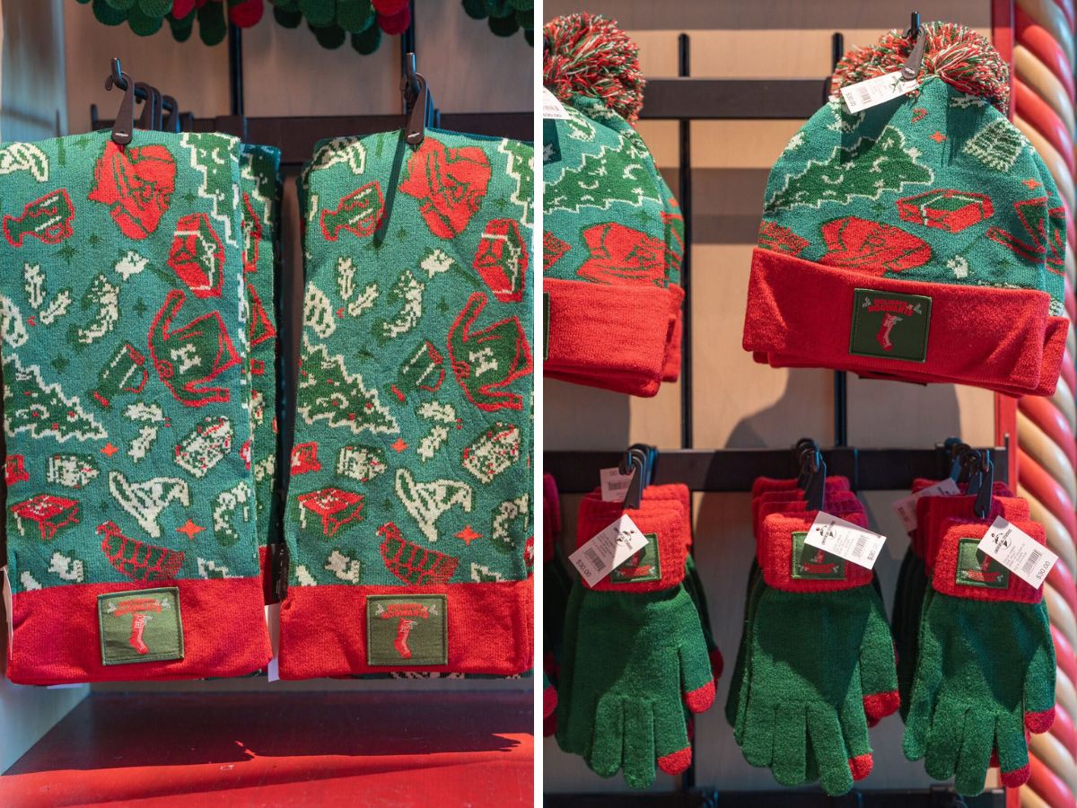 Harry Potter themed knit Christmas hat, matching gloves, and decorative towel