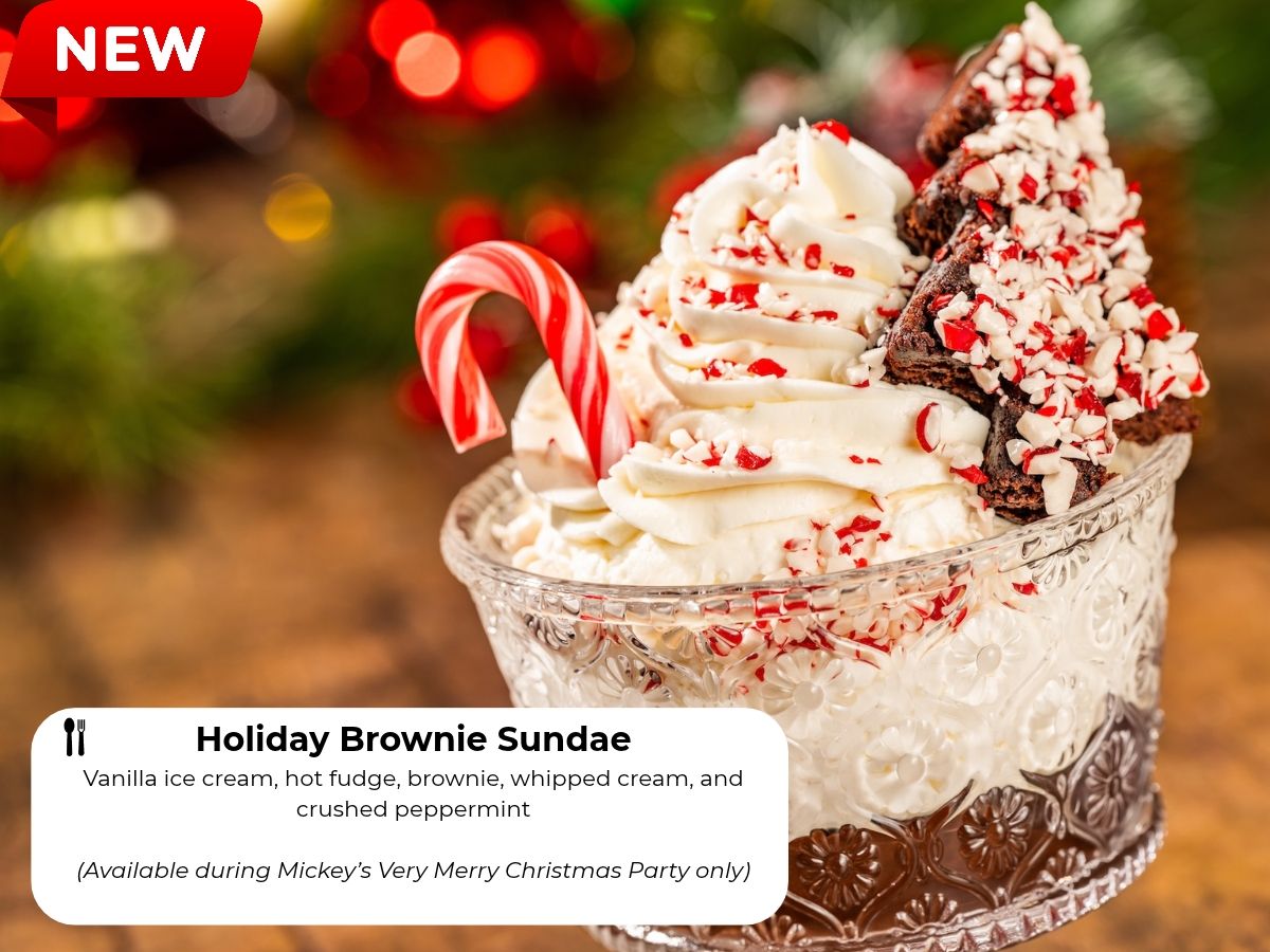 Holiday Brownie Sundae with vanilla ice cream, hot fudge, and crushed peppermint