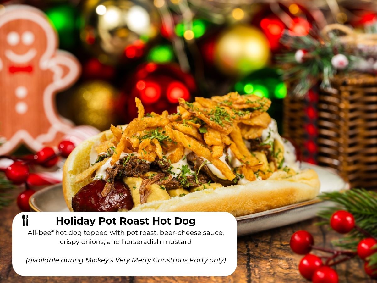 Holiday Pot Roast Hot Dog topped with beer-cheese sauce and crispy onions
