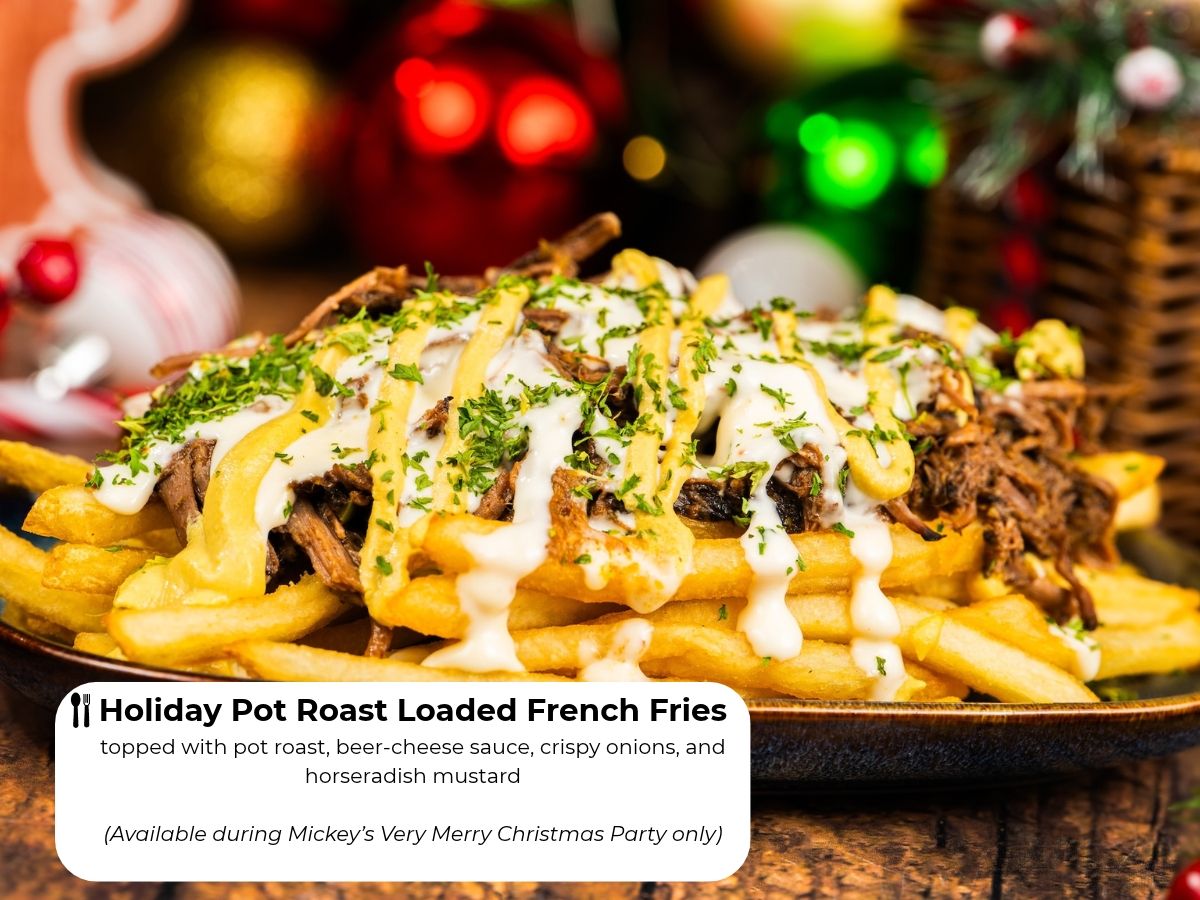 Loaded French fries topped with pot roast, crispy onions, and horseradish mustard
