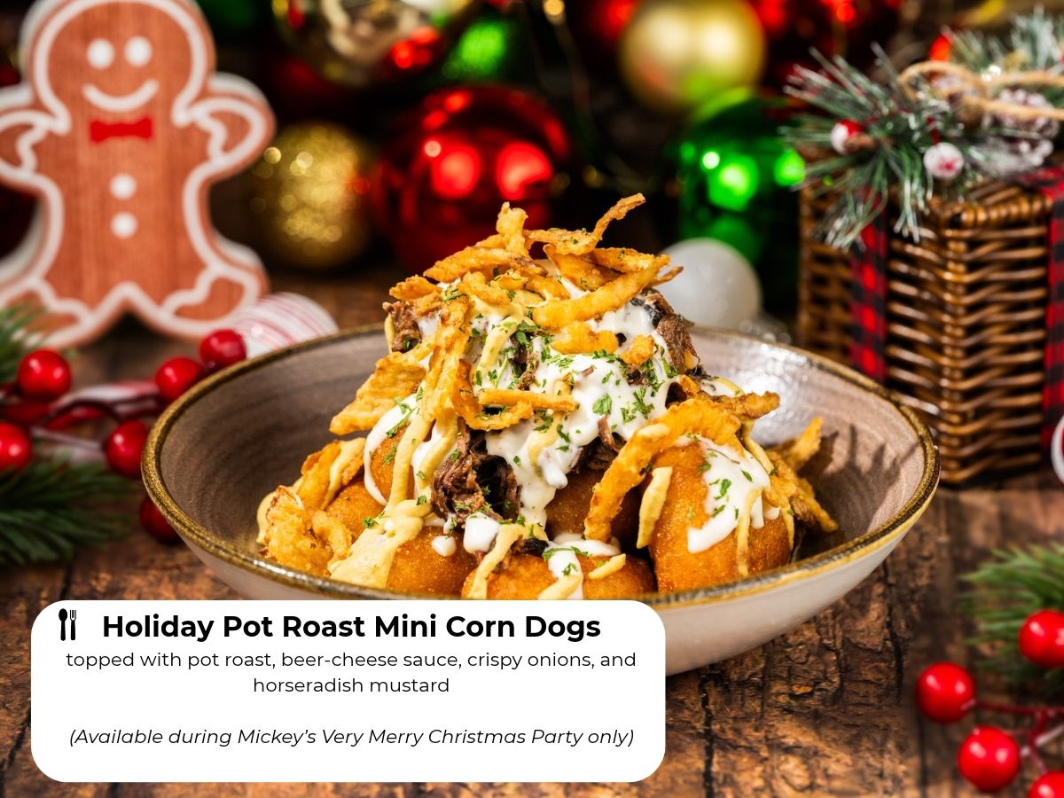 Mini corn dogs smothered in pot roast and beer-cheese sauce