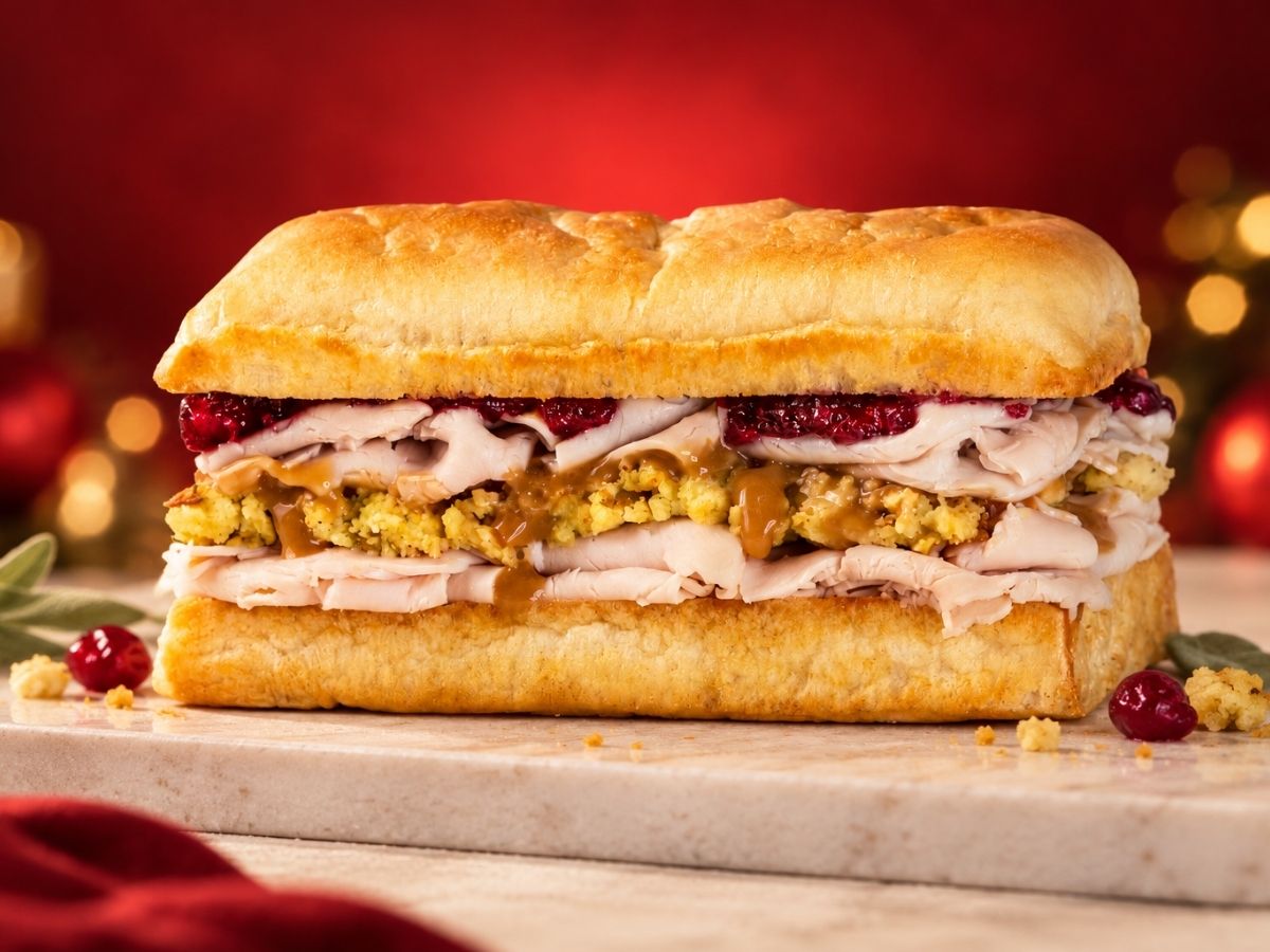 The Holiday Turkey Sandwich loaded with stuffing and cranberry sauce at Earl of Sandwich