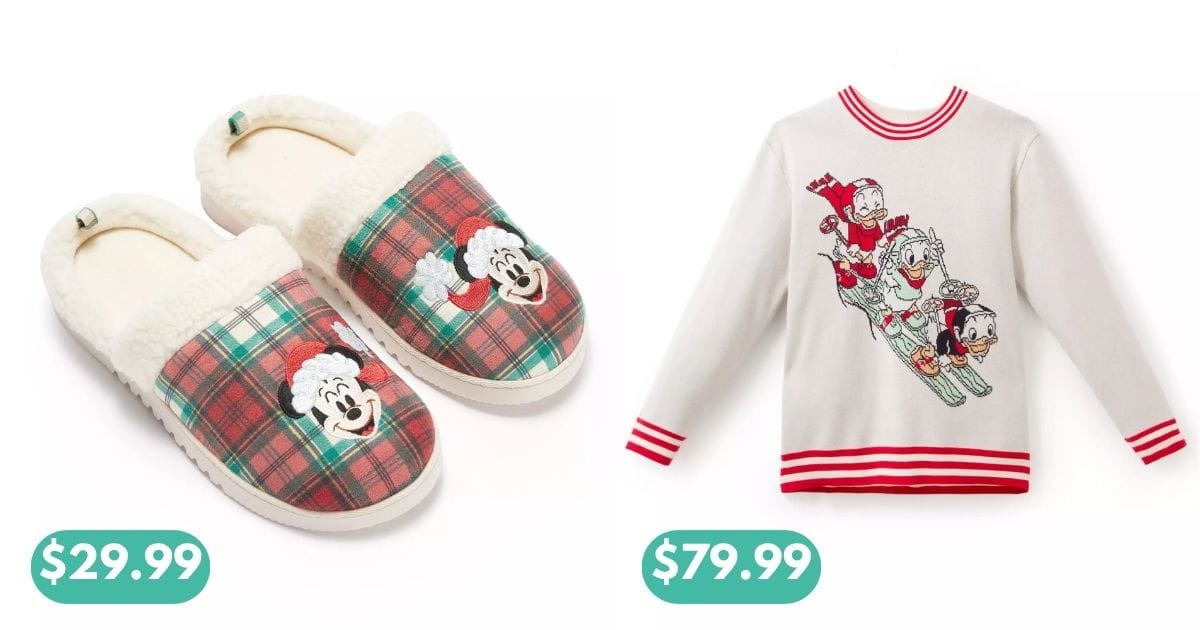 Disney holiday slippers shown with a matching sweater