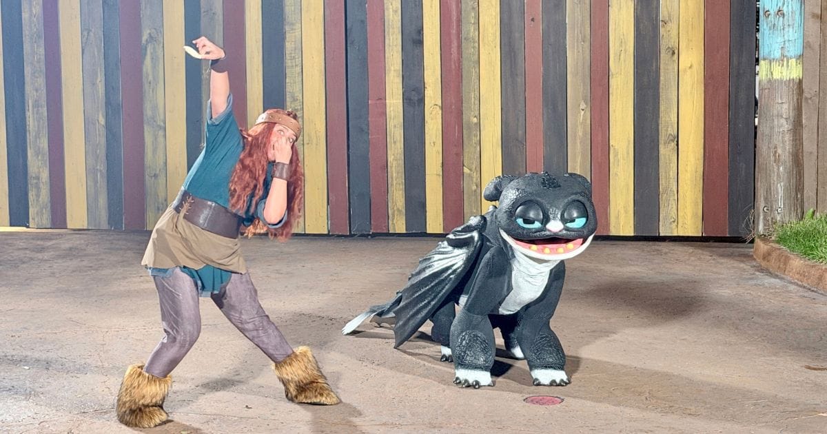 A Viking performer interacting with Toothless the dragon during a live entertainment show at How to Train Your Dragon Isle of Berk.