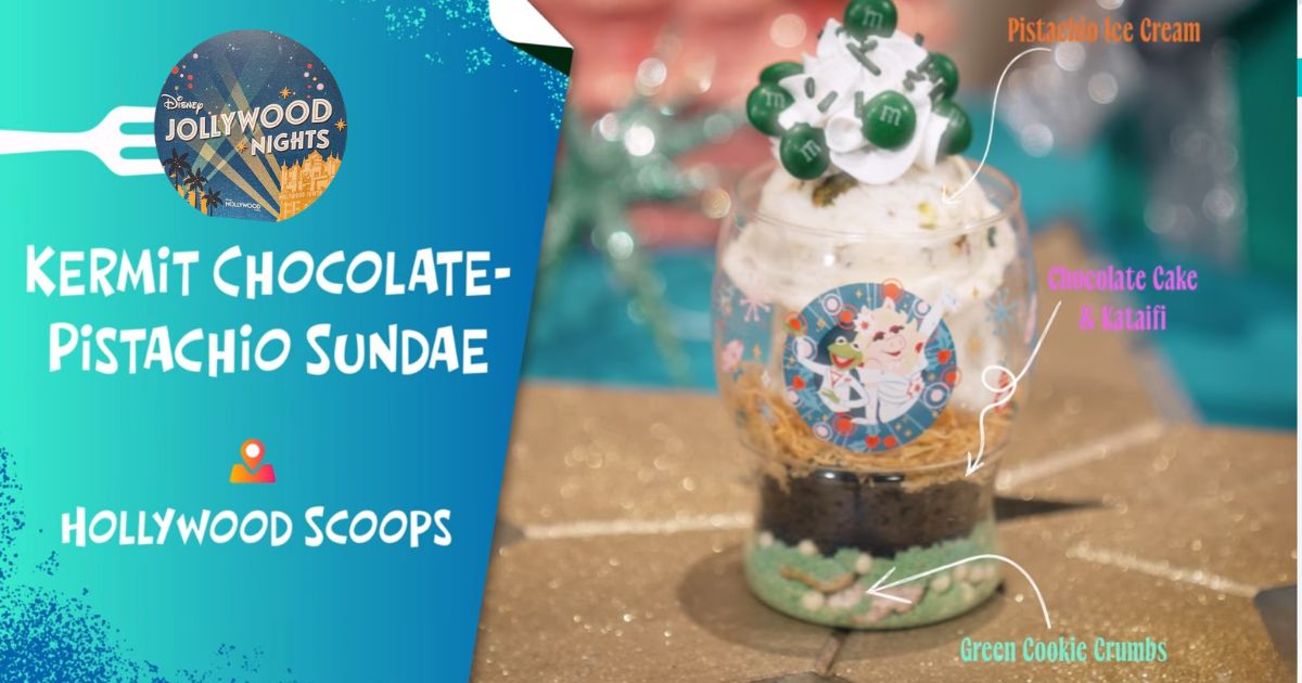 A green pistachio ice cream sundae layered with chocolate cake and topped with whipped cream and M&Ms