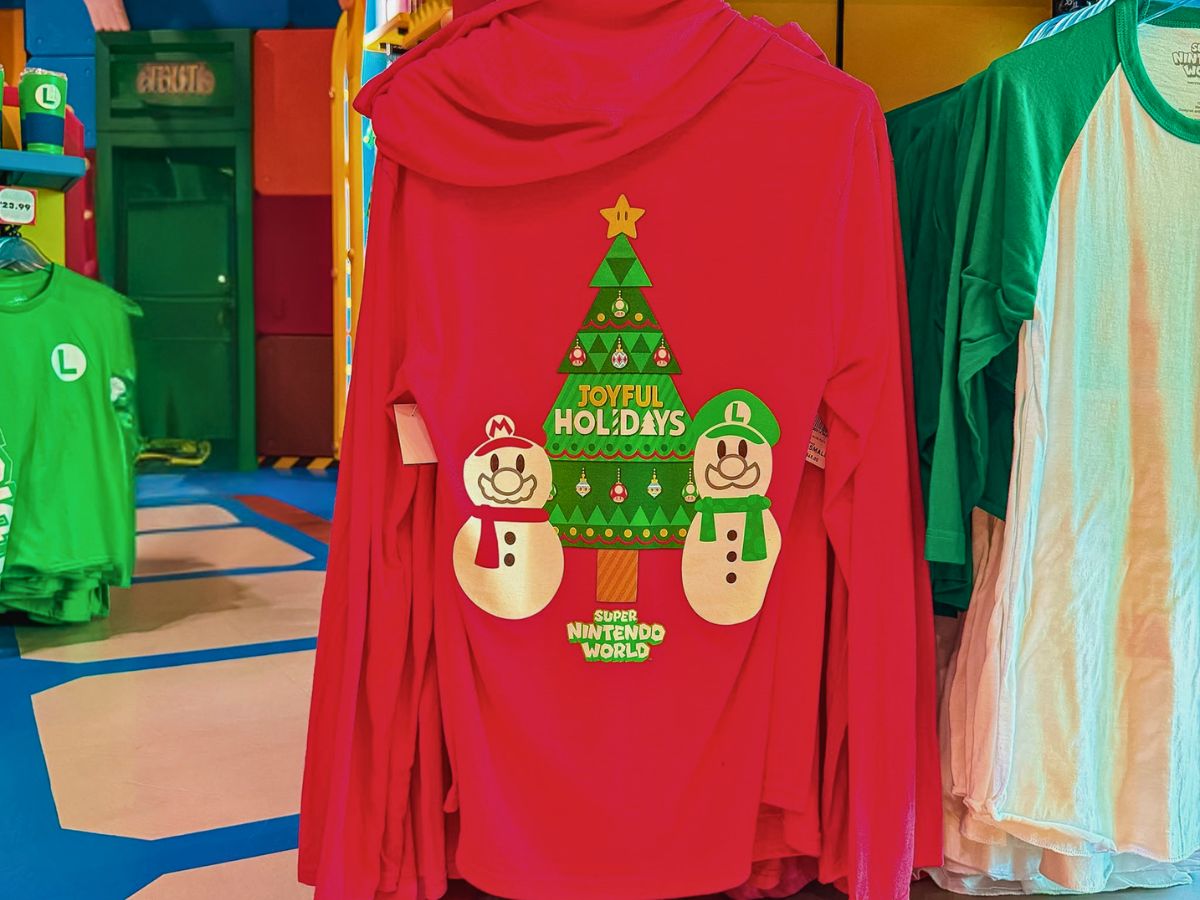 Red Mario and Luigi Joyful Holidays hoodie displayed on a hanger