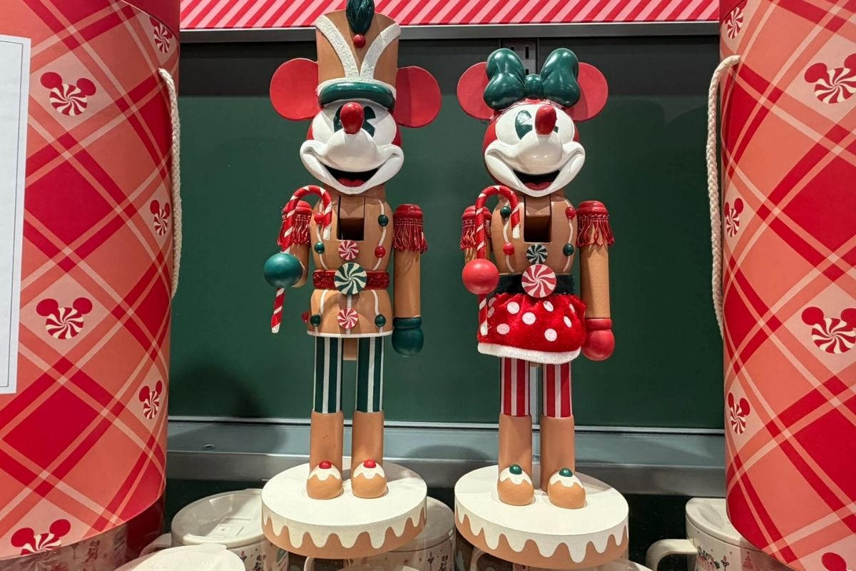 Mickey Mouse and Minnie Mouse decorative holiday nutcracker figurines on store shelves