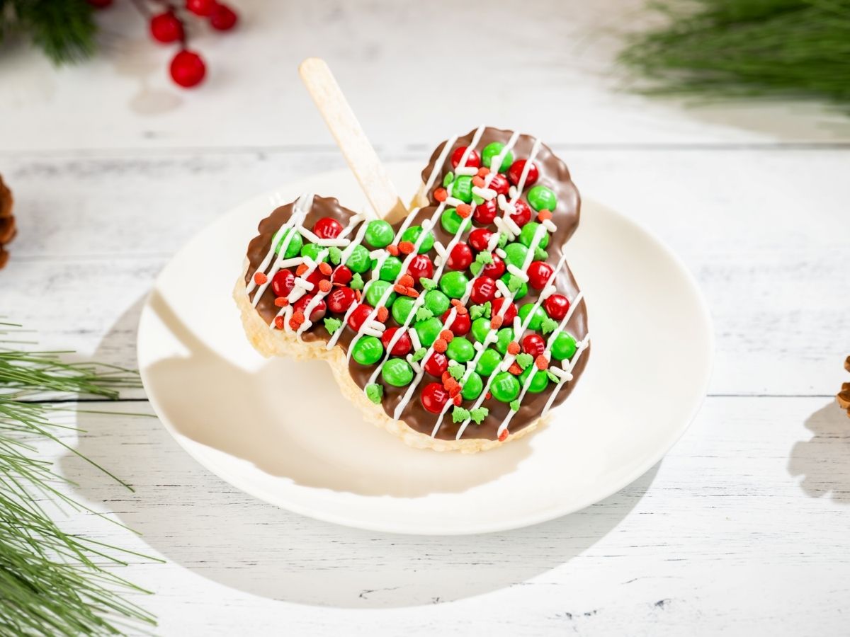 Mickey Holiday Cereal Treat covered in M&Ms