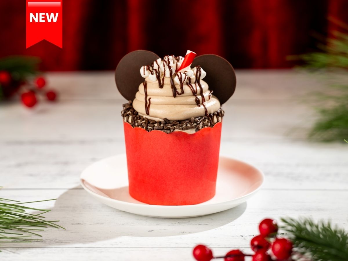 Mickey Holiday Chocolate Cupcake with red and white frosting