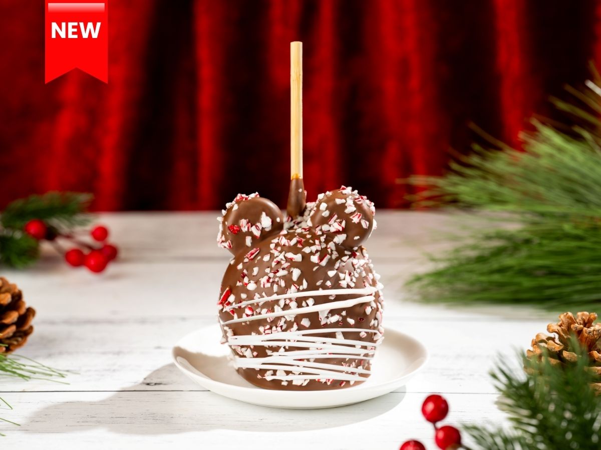 Mickey Peppermint Caramel Apple decorated with crushed peppermint