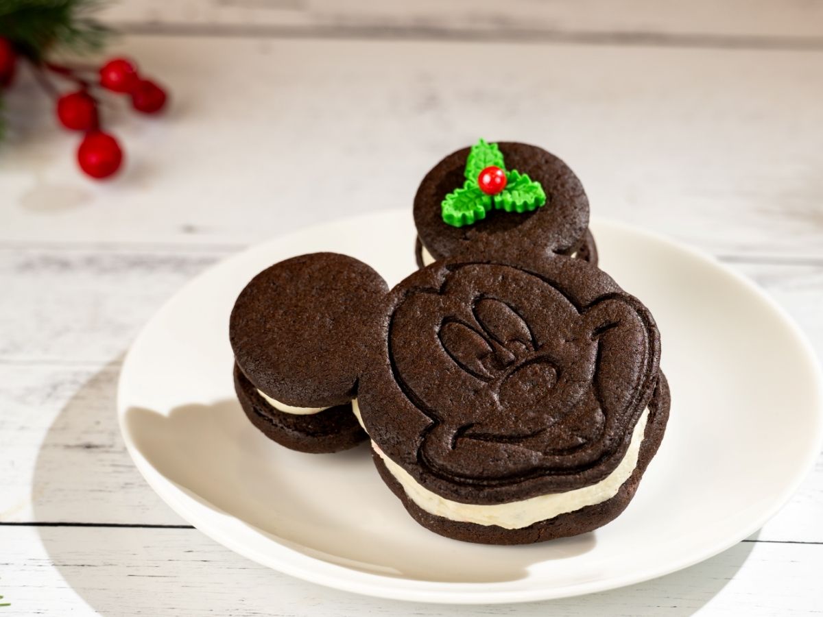 Mickey Peppermint Chocolate Cookie Sandwich filled with pink mint cream