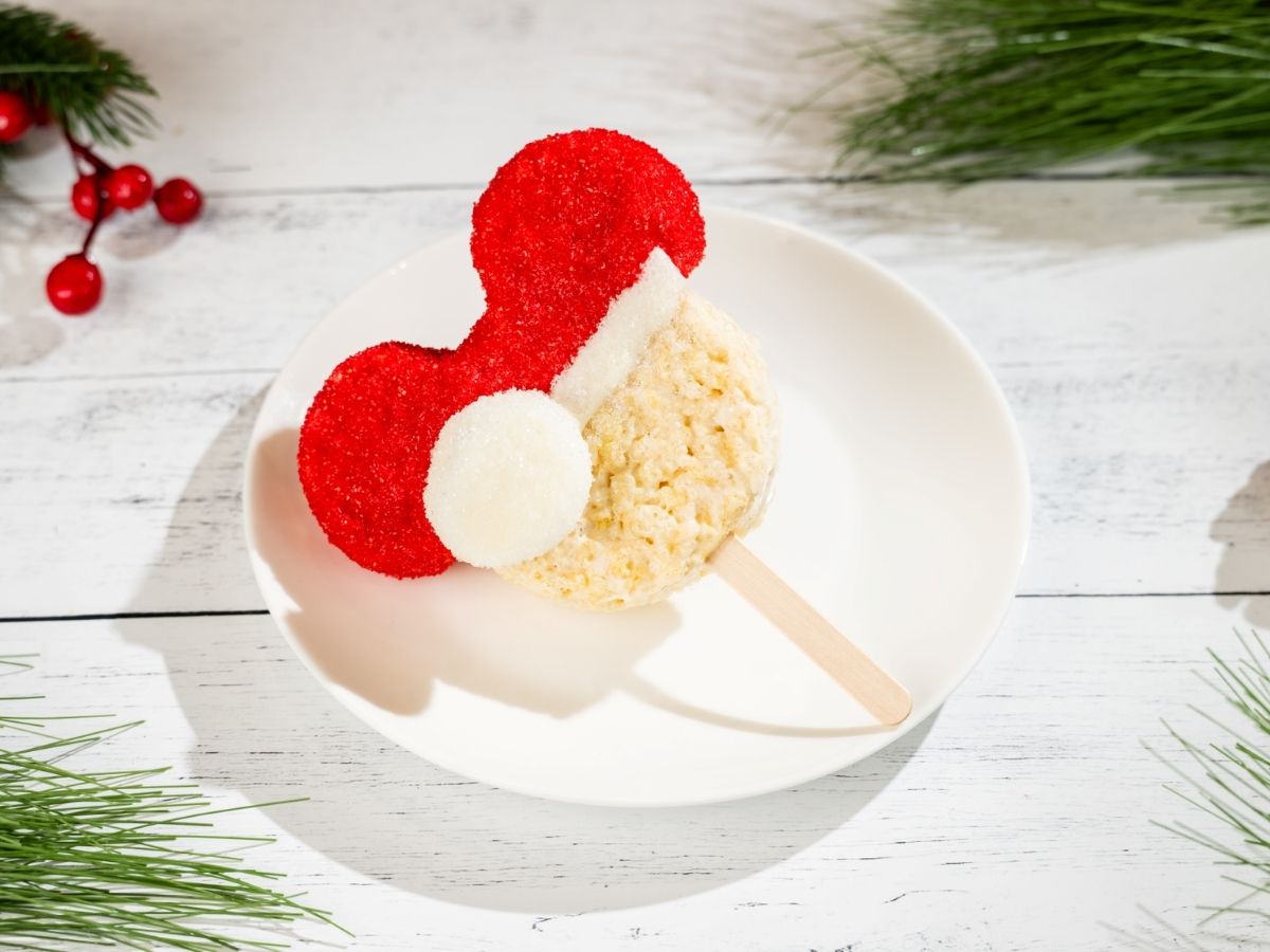 Mickey Santa Hat Cereal Treat featuring red and white frosting