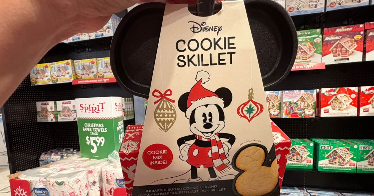 Mickey Mouse holiday skillet gift set on a shelf at Spirit Christmas