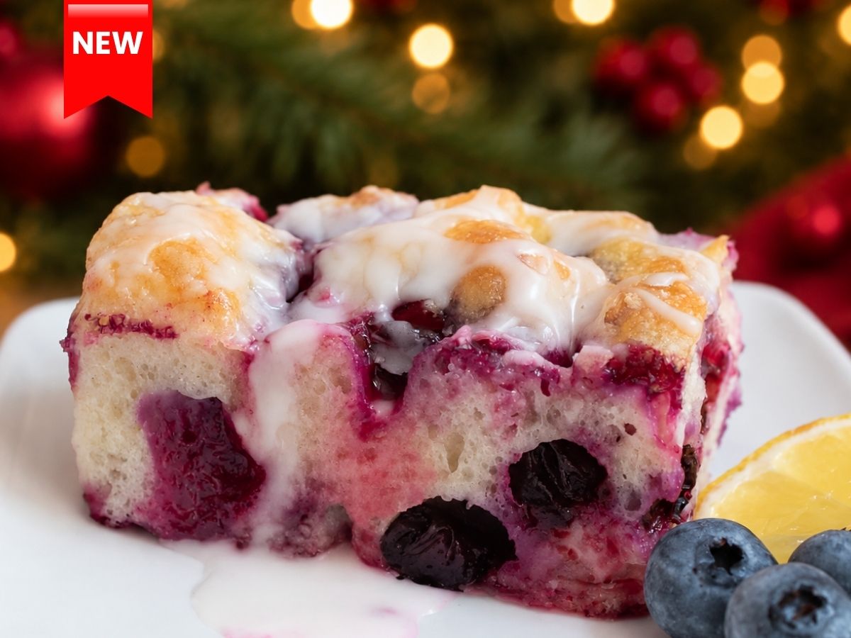 Mixed Berry Focaccia bread topped with fruit and powdered sugar