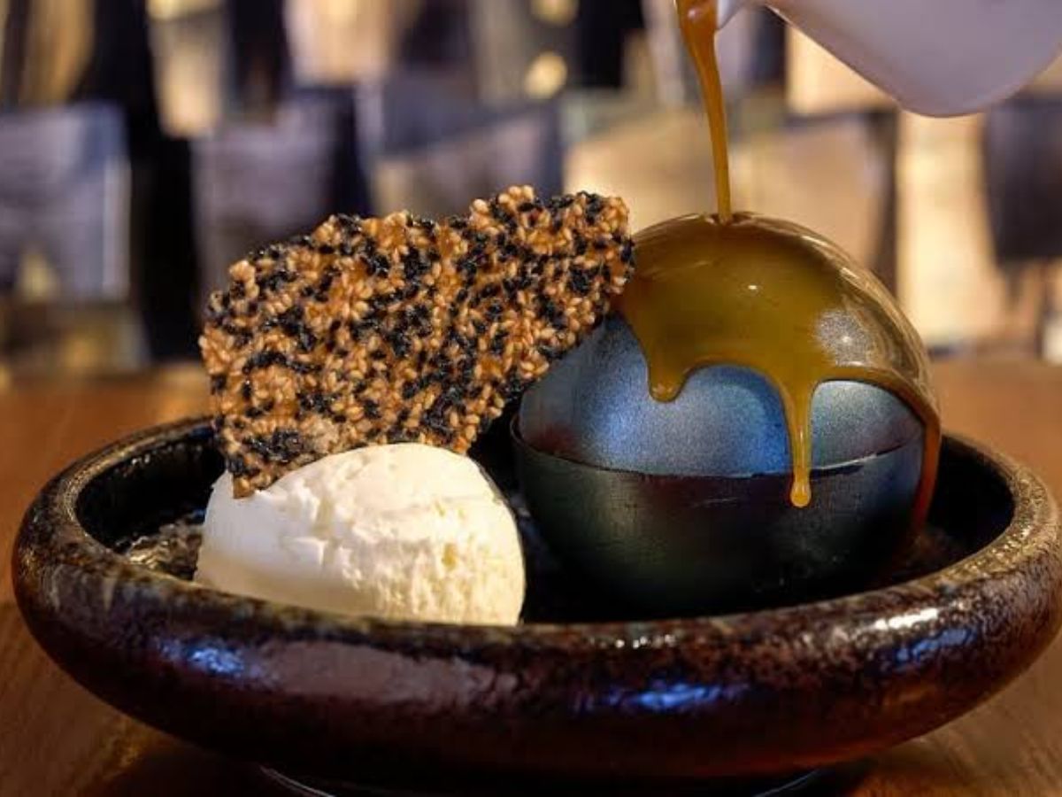 The visually striking Mount Vesuvius chocolate dessert at Bar Helios