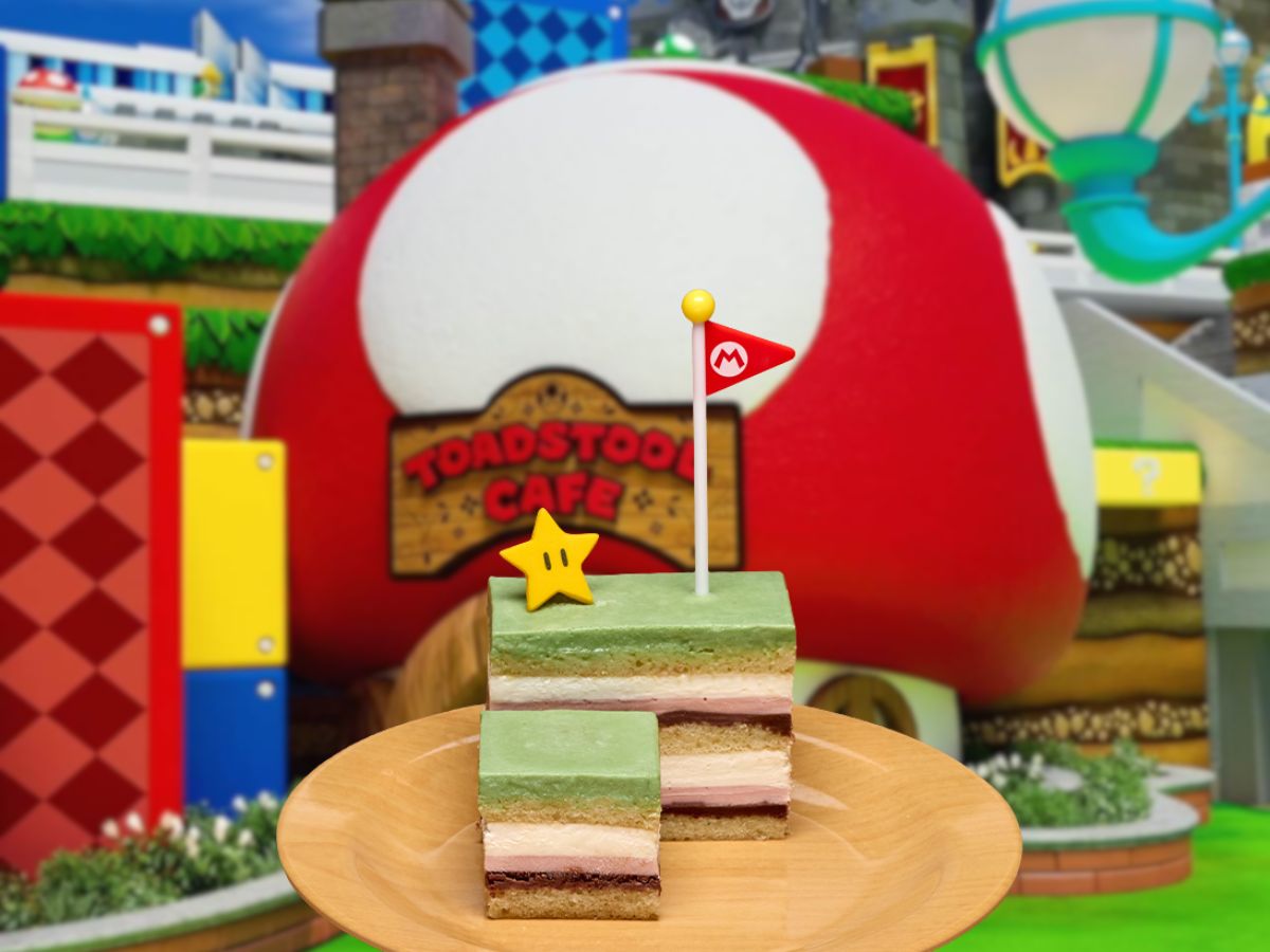 A slice of Mt. Beanpole Cake topped with a green tea mousse star