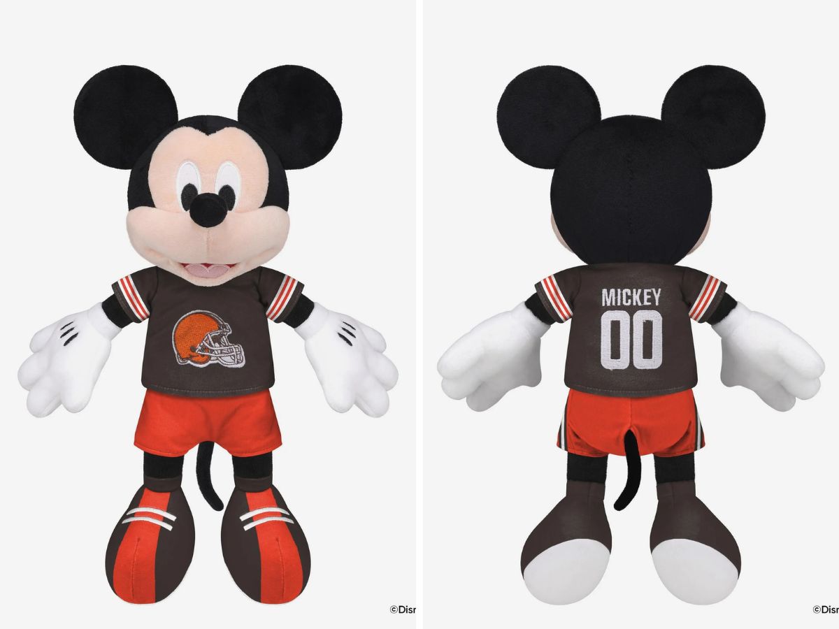 A 14-inch Mickey Mouse plush doll wearing a football uniform