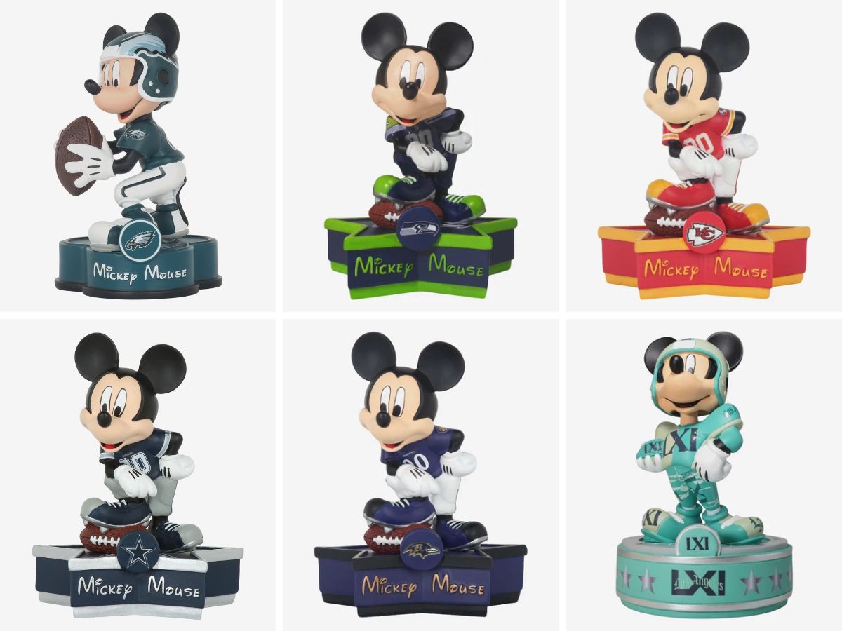 Mickey Mouse standing in a full football uniform holding a football on a circular base