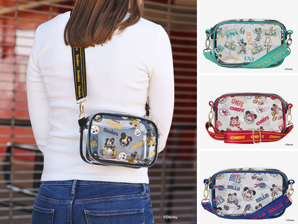 A clear transparent crossbody bag featuring Mickey Mouse silhouettes and football team logos