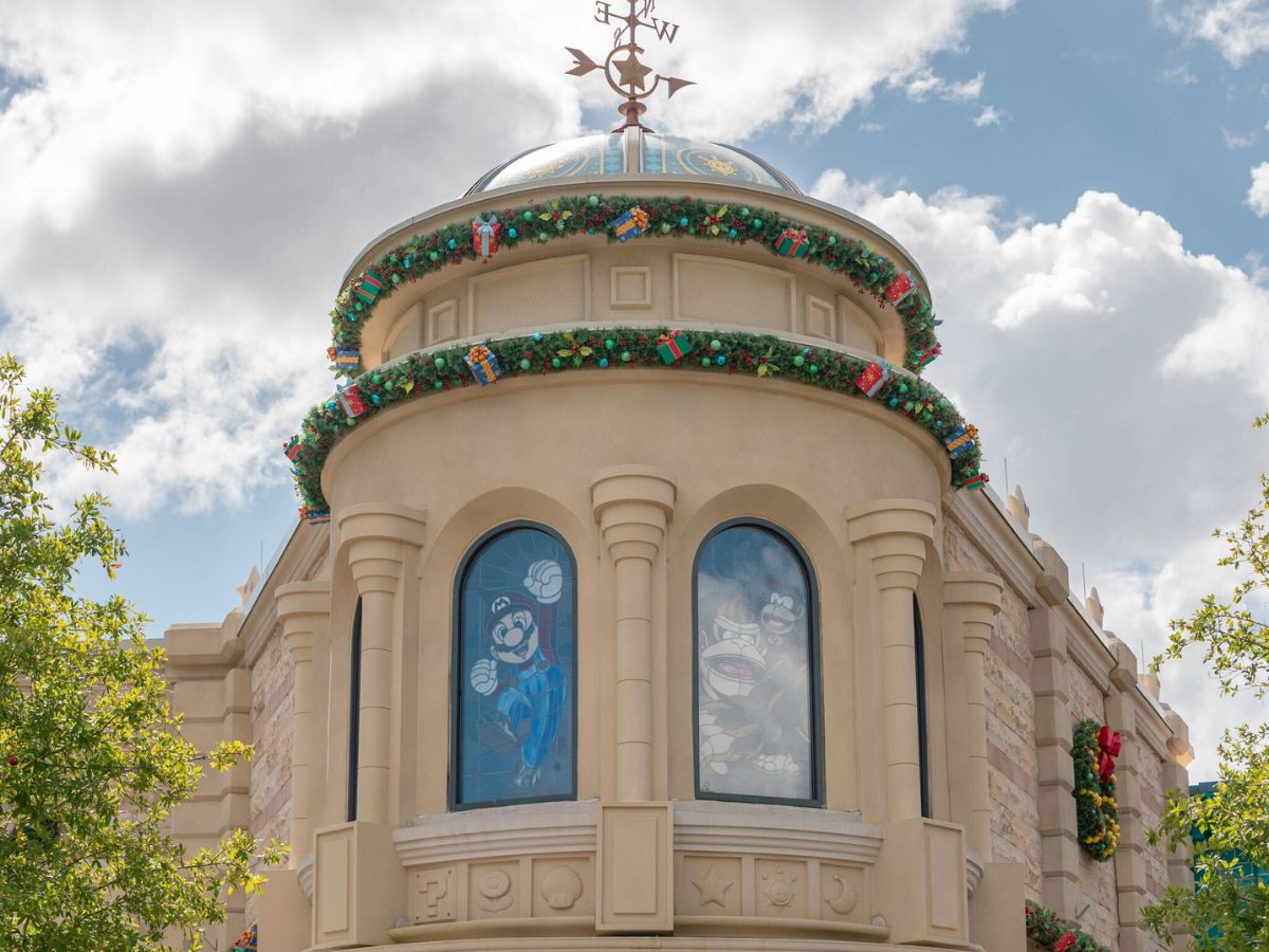 Super Nintendo World holiday retail store interior decorated for Christmas