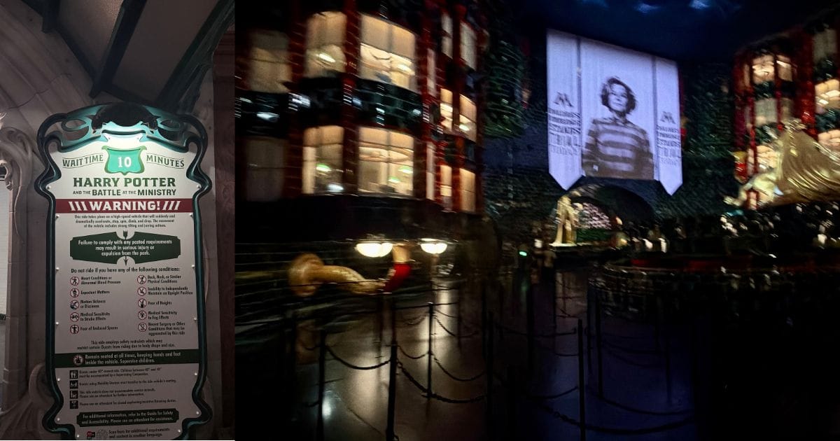 An empty queue line and a 10-minute wait time sign for Harry Potter and the Battle at the Ministry during an after-hours event.