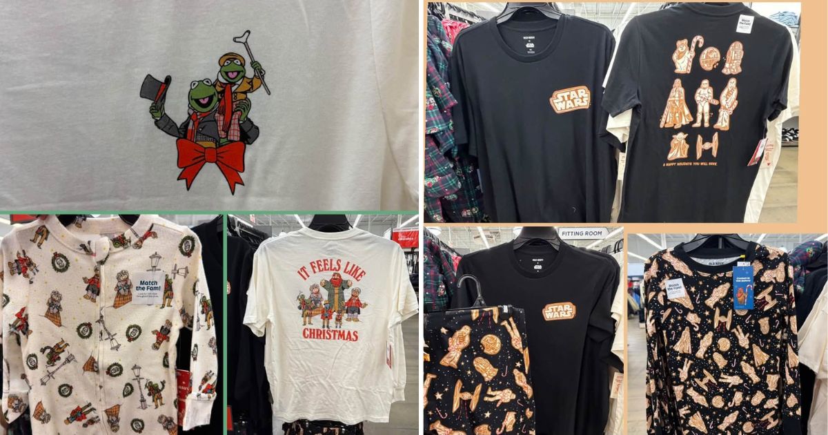 Muppet Christmas Carol and Star Wars gingerbread cookie pajama designs on display