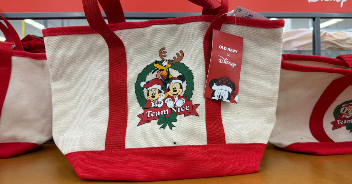 A Stitch and Angel themed mini tote bag with a holiday palm tree design