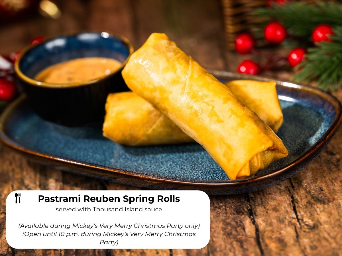 Two Pastrami Reuben Spring Rolls served with dipping sauce