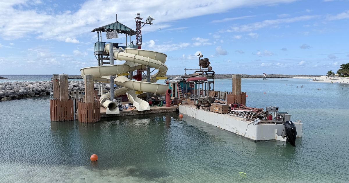 Angled view of the closed Pelican Plunge water structure floating in the Castaway Cay lagoon