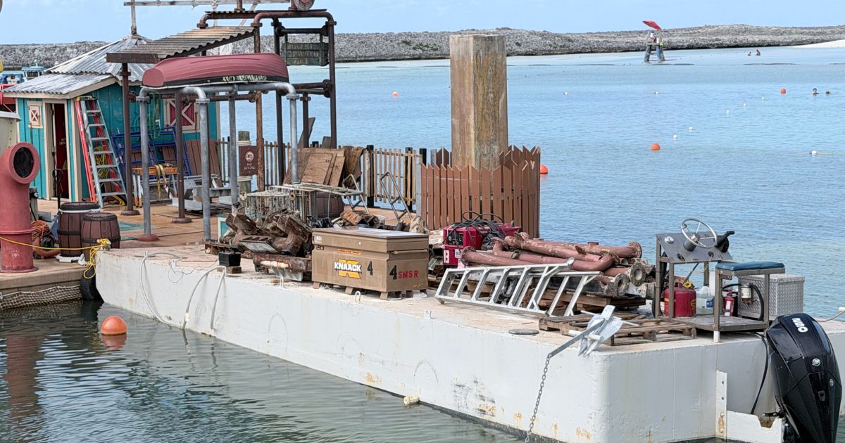 Close-up of the entry stairs and slide exit points on Pelican Plunge without water flow