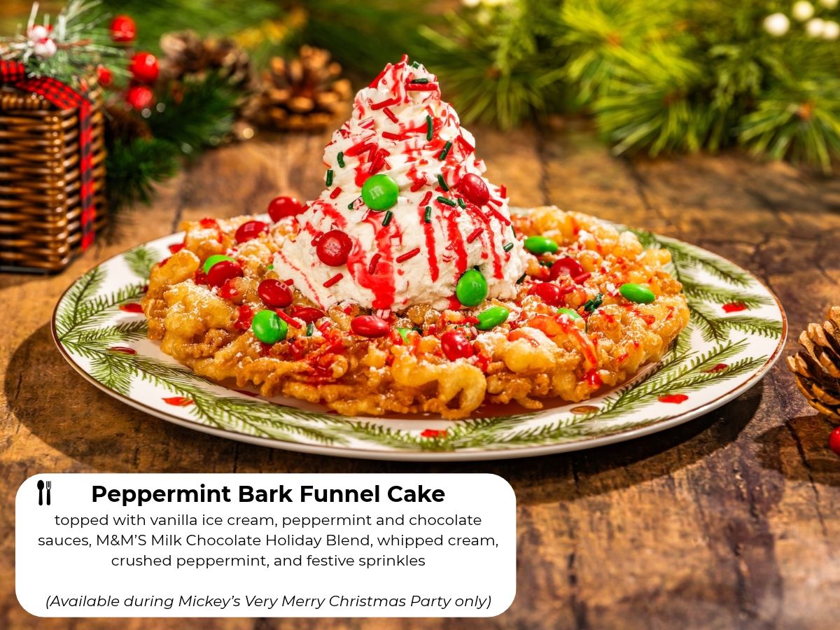 Peppermint Bark Funnel Cake stacked high with vanilla ice cream and holiday M&M's