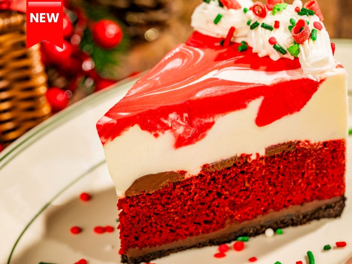 A slice of Red Velvet Cheesecake layered with vanilla swirl cheesecake