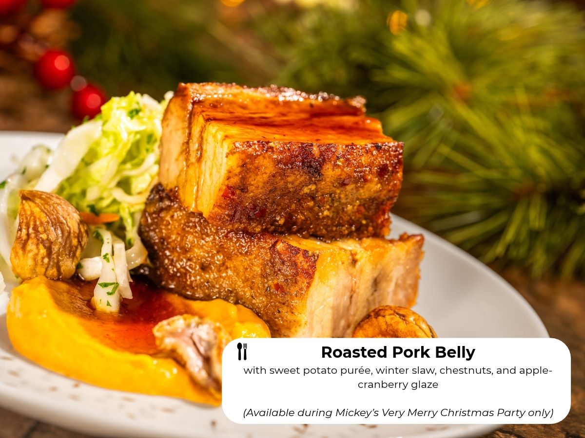 Roasted Pork Belly with sweet potato puree and apple-cranberry glaze