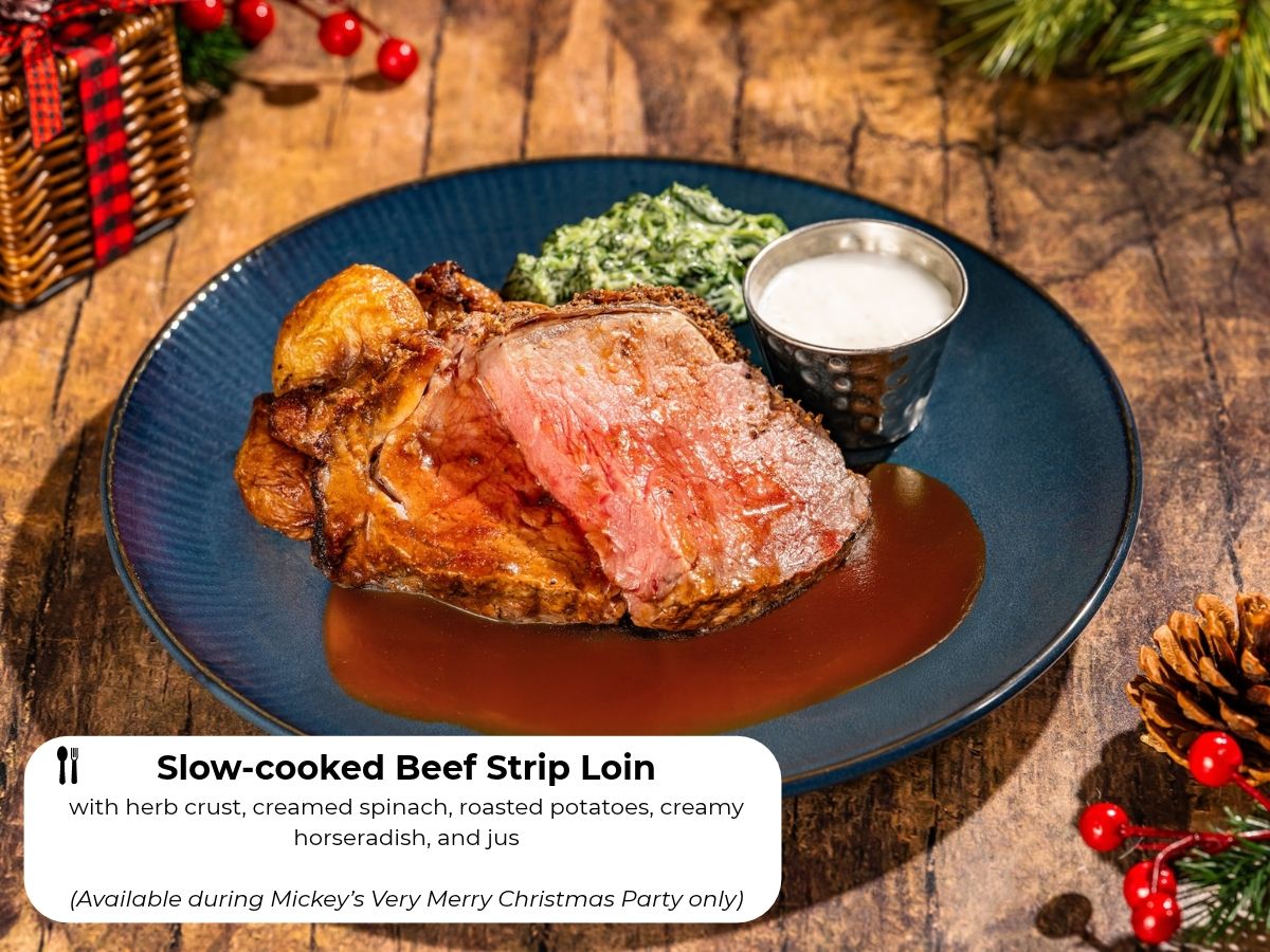 Slow-cooked Beef Strip Loin with creamed spinach and potatoes