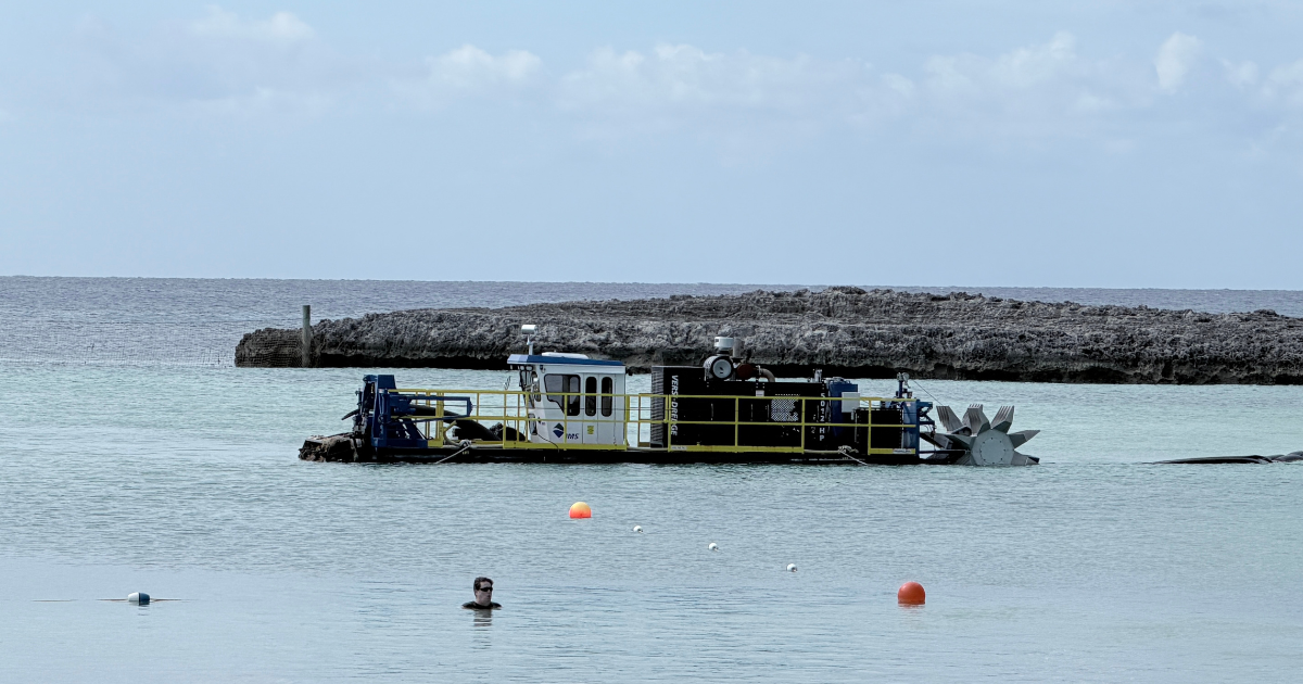 Dredging discharge infrastructure deployed in the Family Beach water line at Castaway Cay