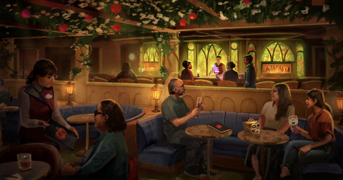 Concept art of the Wishing Well Lounge inspired by Snow White