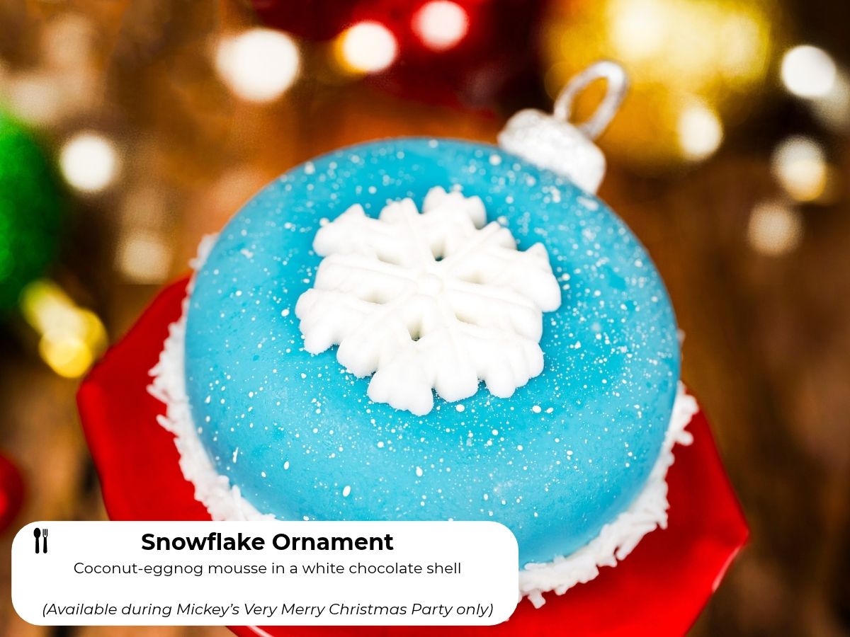 Snowflake Ornament dessert featuring a white chocolate shell