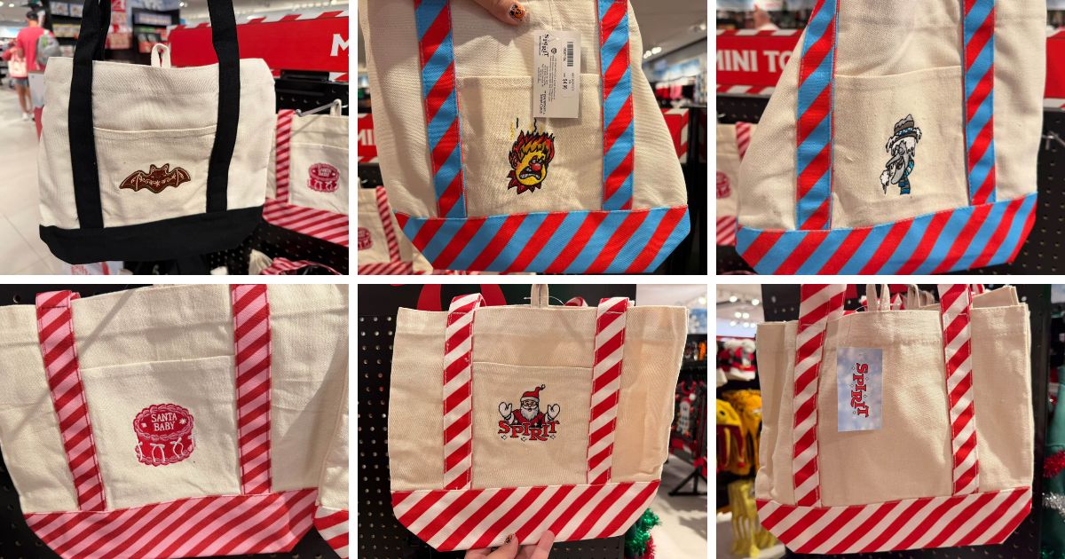 Display of Spirit Christmas reusable tote bags priced at five dollars