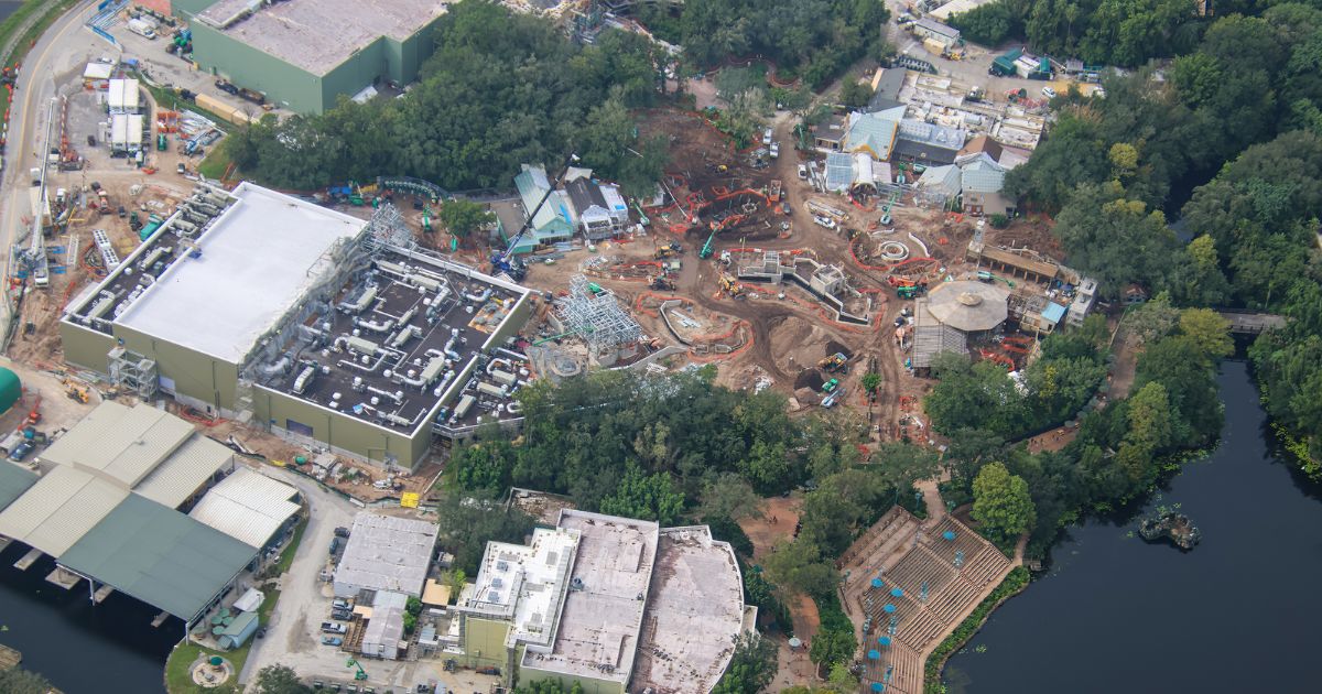 Wide view of heavy earthmovers and construction activity in Tropical Americas at Disney's Animal Kingdom